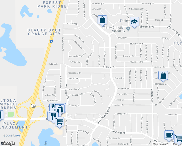 map of restaurants, bars, coffee shops, grocery stores, and more near 1999 East Anchor Drive in Deltona