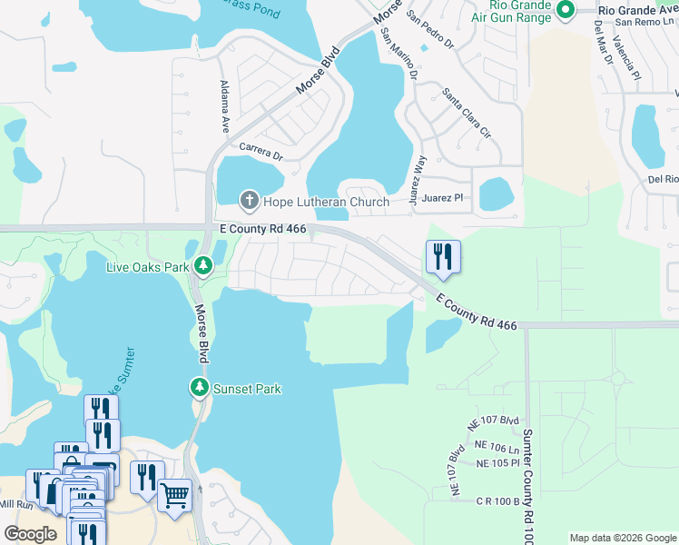 map of restaurants, bars, coffee shops, grocery stores, and more near D'Angelo Lane in The Villages