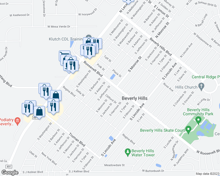 map of restaurants, bars, coffee shops, grocery stores, and more near 1 Melissa Drive in Beverly Hills