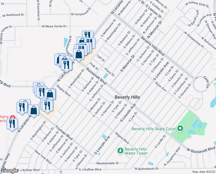 map of restaurants, bars, coffee shops, grocery stores, and more near 22 Roosevelt Boulevard in Beverly Hills