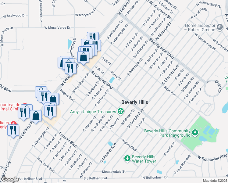 map of restaurants, bars, coffee shops, grocery stores, and more near 22 Roosevelt Boulevard in Beverly Hills