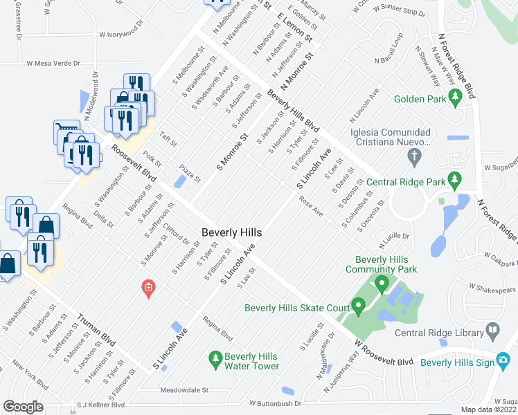 map of restaurants, bars, coffee shops, grocery stores, and more near 50 South Fillmore Street in Beverly Hills