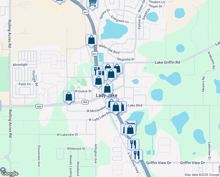 map of restaurants, bars, coffee shops, grocery stores, and more near 129 U.S. 27 in Lady Lake