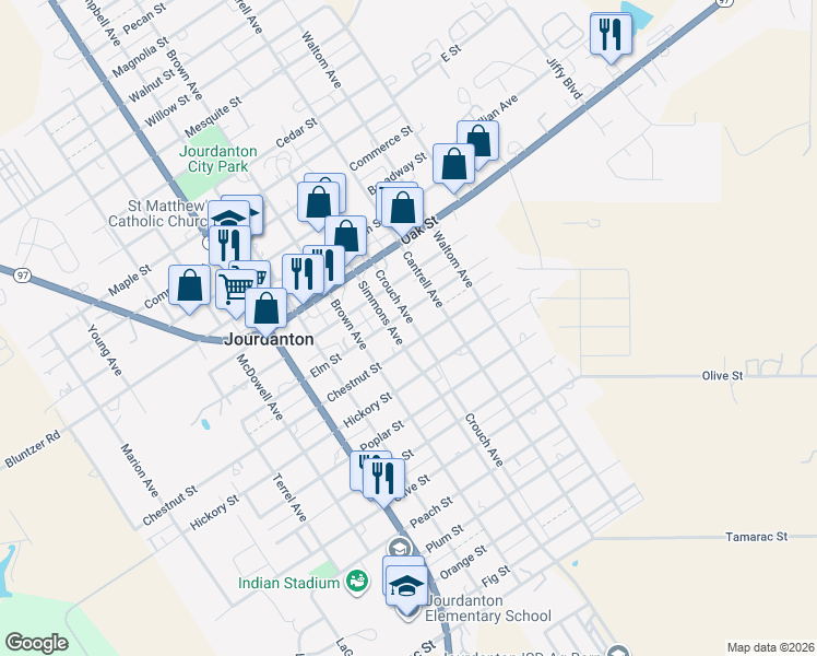 map of restaurants, bars, coffee shops, grocery stores, and more near 1006 Crouch Avenue in Jourdanton