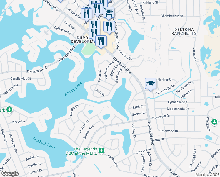 map of restaurants, bars, coffee shops, grocery stores, and more near 2882 English Drive in Deltona
