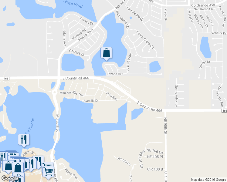 map of restaurants, bars, coffee shops, grocery stores, and more near Cammarano Place in The Villages