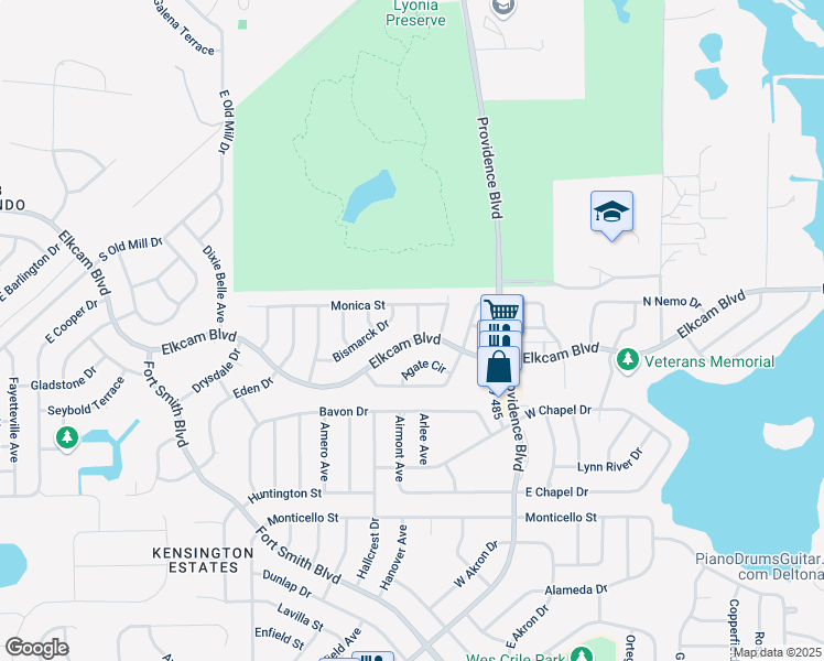 map of restaurants, bars, coffee shops, grocery stores, and more near 1960 Paris Avenue in Deltona