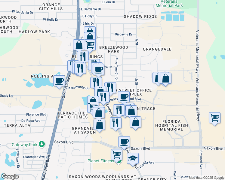 map of restaurants, bars, coffee shops, grocery stores, and more near 46 Orange City Villas in Orange City