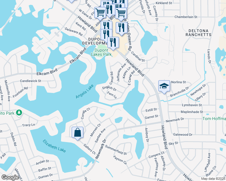 map of restaurants, bars, coffee shops, grocery stores, and more near 2821 English Drive in Deltona