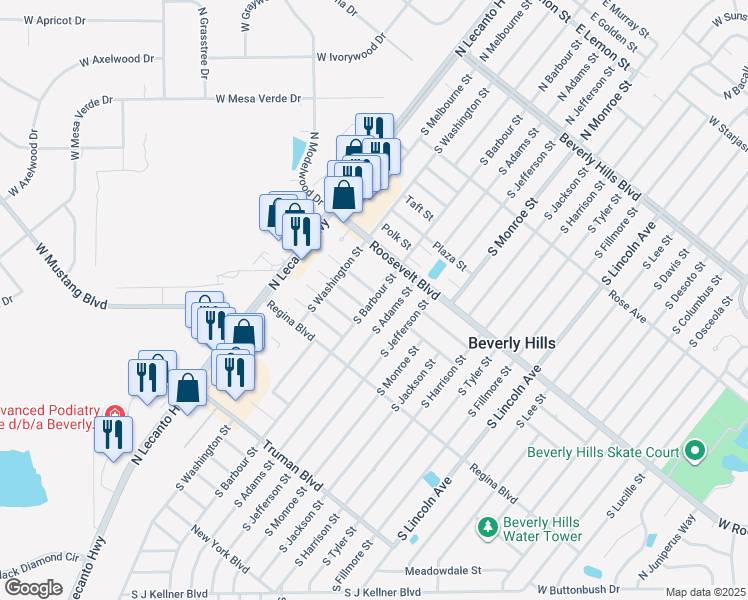 map of restaurants, bars, coffee shops, grocery stores, and more near 85 South Barbour Street in Beverly Hills