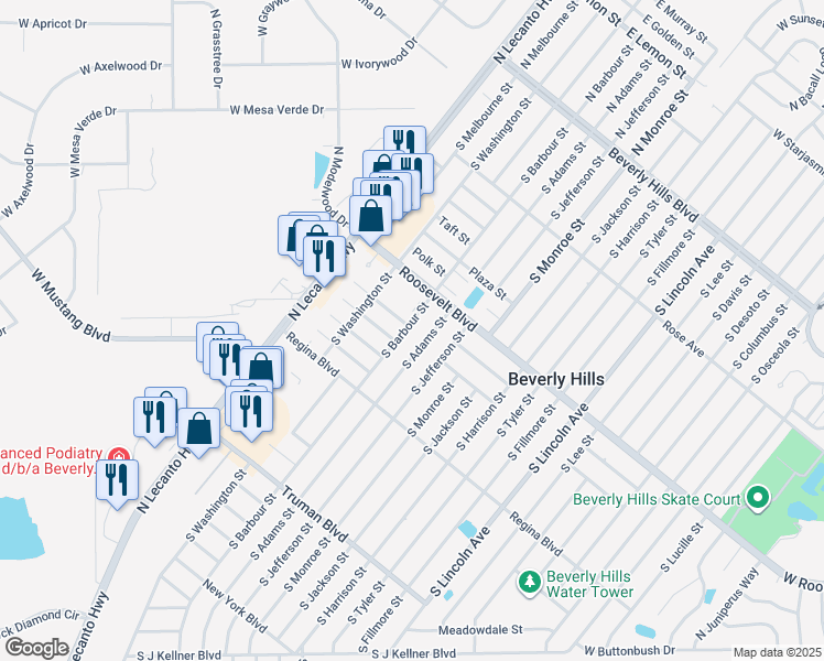 map of restaurants, bars, coffee shops, grocery stores, and more near 85 South Barbour Street in Beverly Hills