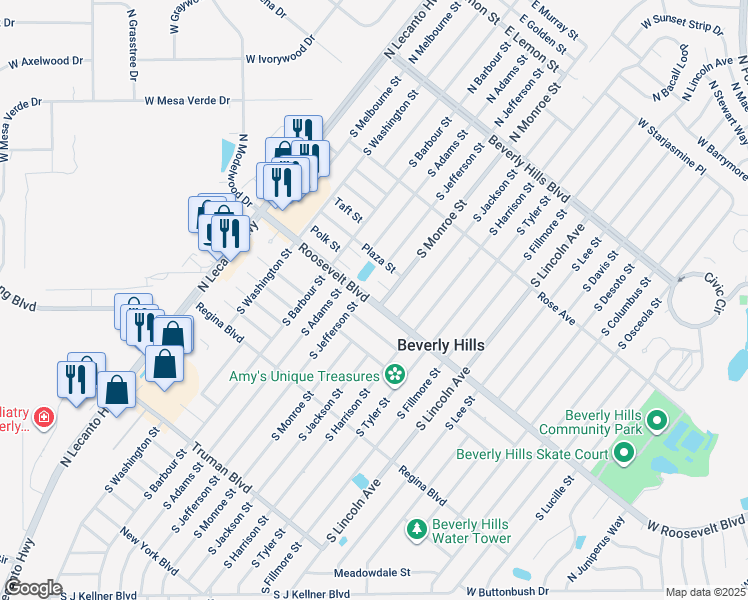 map of restaurants, bars, coffee shops, grocery stores, and more near 25 Roosevelt Boulevard in Beverly Hills