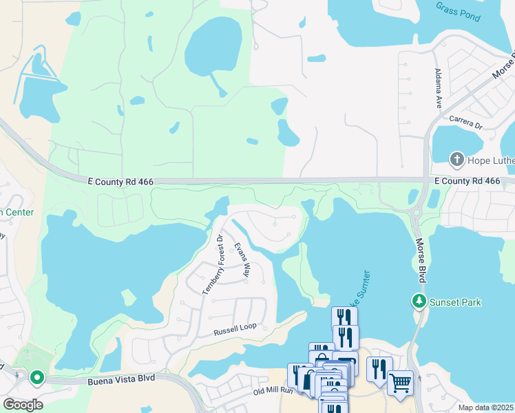 map of restaurants, bars, coffee shops, grocery stores, and more near 652 Ternberry Forest Drive in The Villages