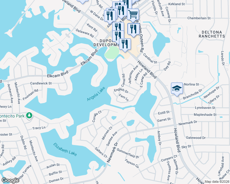 map of restaurants, bars, coffee shops, grocery stores, and more near 1927 English Drive in Deltona
