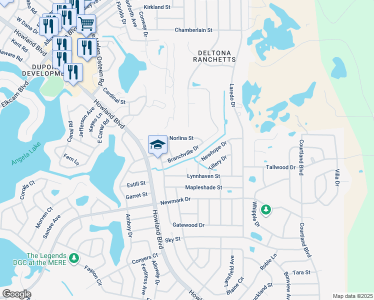 map of restaurants, bars, coffee shops, grocery stores, and more near 3070 Branchville Drive in Deltona