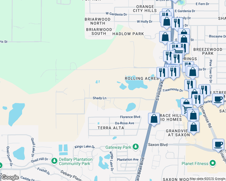 map of restaurants, bars, coffee shops, grocery stores, and more near 240 Shady Lane in Orange City