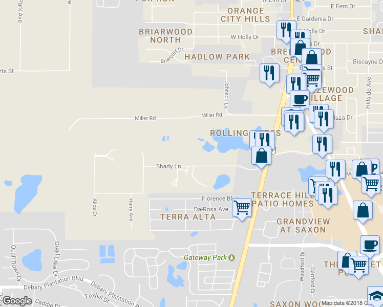 map of restaurants, bars, coffee shops, grocery stores, and more near 240 Shady Lane in Orange City