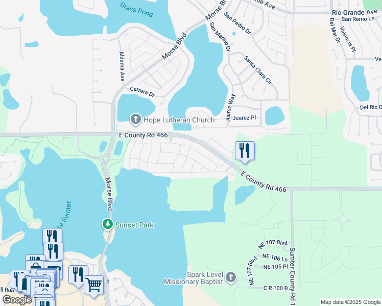 map of restaurants, bars, coffee shops, grocery stores, and more near 520 Cammarano Place in The Villages