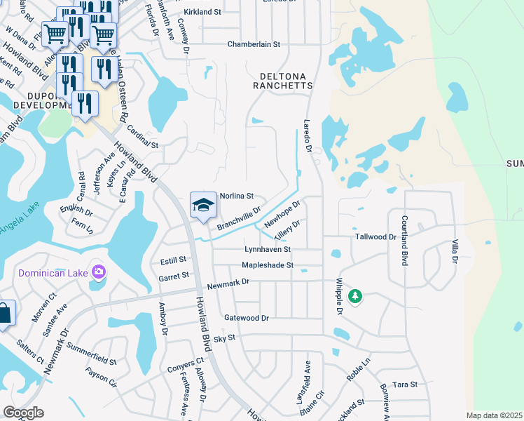 map of restaurants, bars, coffee shops, grocery stores, and more near 3095 Branchville Drive in Deltona