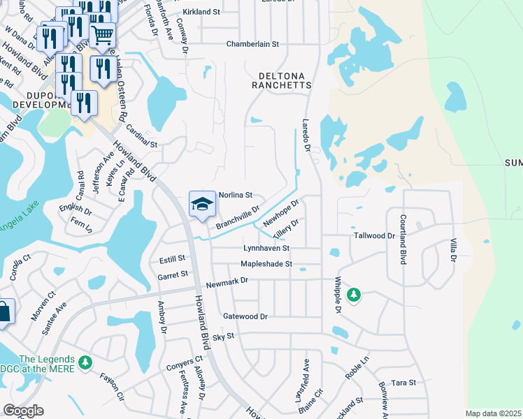 map of restaurants, bars, coffee shops, grocery stores, and more near 3079 Branchville Drive in Deltona