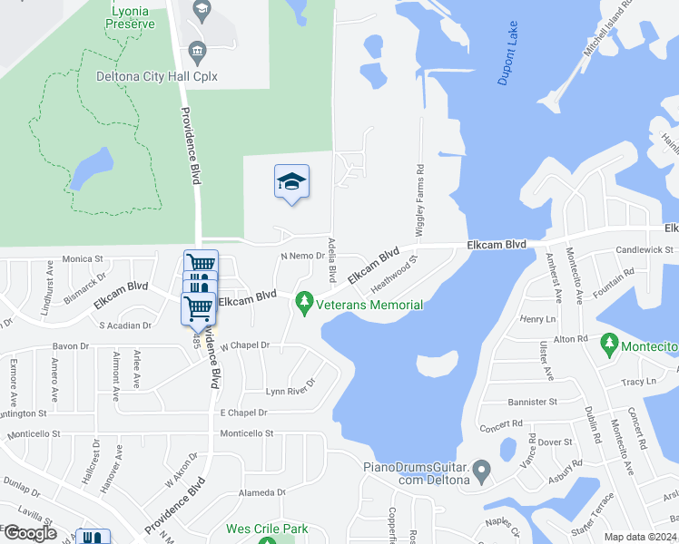 map of restaurants, bars, coffee shops, grocery stores, and more near 1963 Adelia Boulevard in Deltona