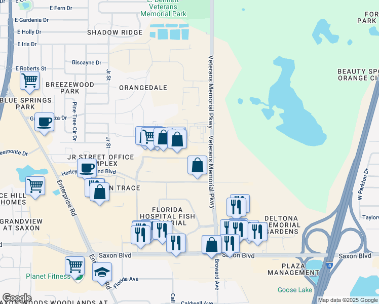 map of restaurants, bars, coffee shops, grocery stores, and more near 1065 Harley Strickland Boulevard in Orange City