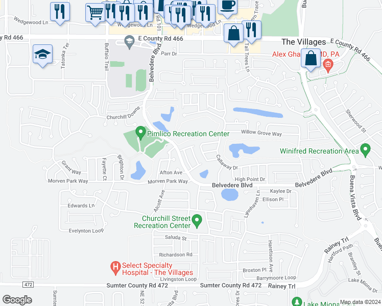 map of restaurants, bars, coffee shops, grocery stores, and more near 598 Concord Court in The Villages