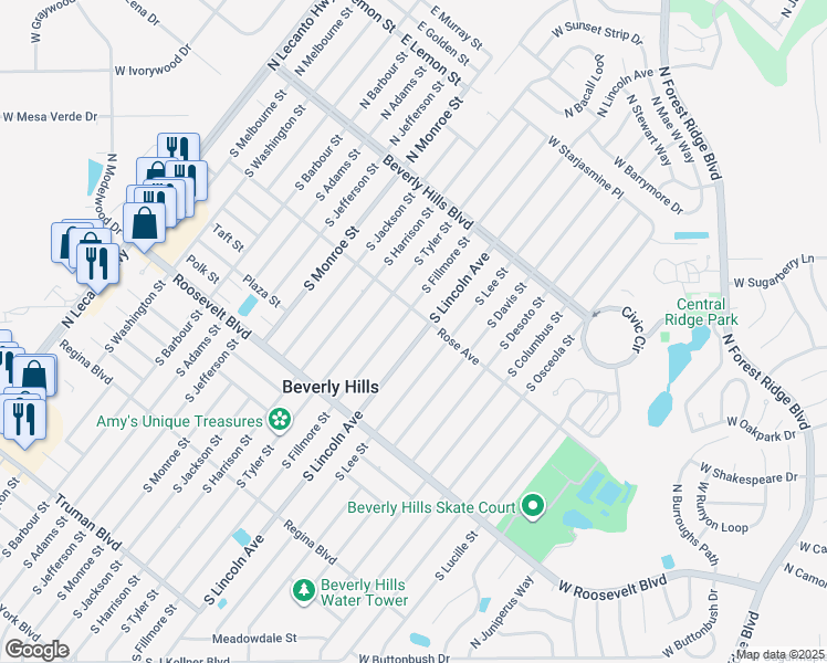 map of restaurants, bars, coffee shops, grocery stores, and more near 38 South Lincoln Avenue in Beverly Hills
