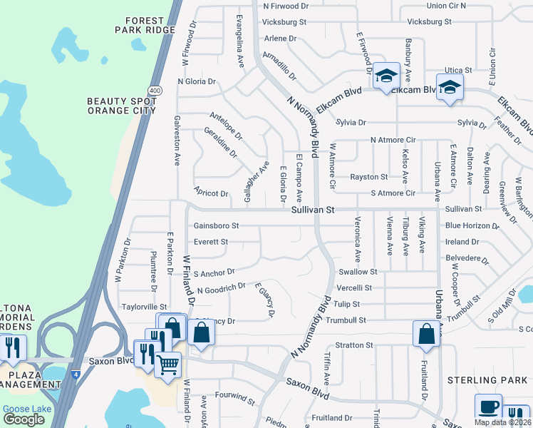map of restaurants, bars, coffee shops, grocery stores, and more near 652 Gainsboro Street in Deltona
