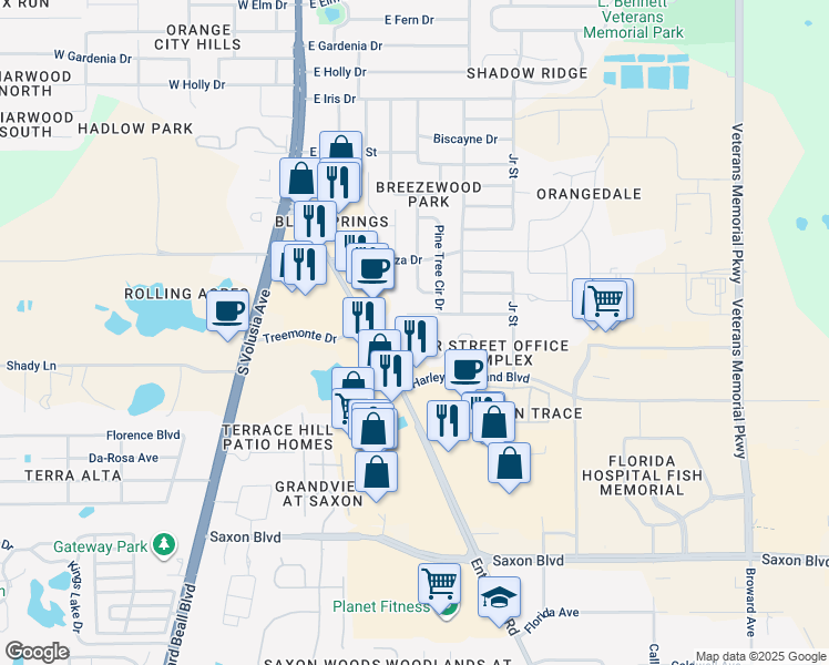 map of restaurants, bars, coffee shops, grocery stores, and more near 2515 Enterprise Road in Orange City