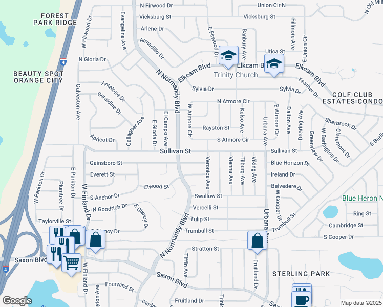 map of restaurants, bars, coffee shops, grocery stores, and more near 777 Sullivan Street in Deltona
