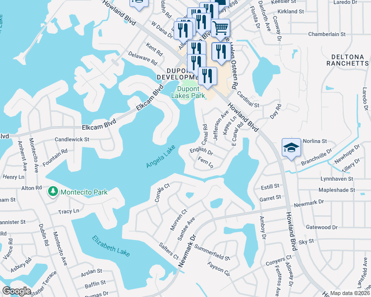 map of restaurants, bars, coffee shops, grocery stores, and more near 1927 English Drive in Deltona