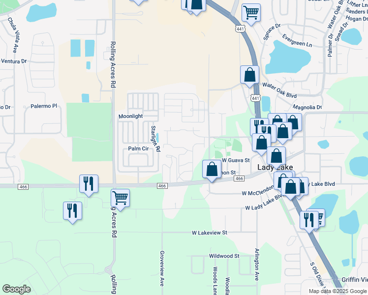 map of restaurants, bars, coffee shops, grocery stores, and more near 511 County Road 466 in Lady Lake