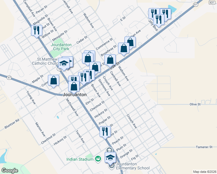 map of restaurants, bars, coffee shops, grocery stores, and more near 1006 Crouch Avenue in Jourdanton