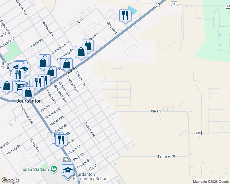 map of restaurants, bars, coffee shops, grocery stores, and more near 1316 Poplar Street in Jourdanton