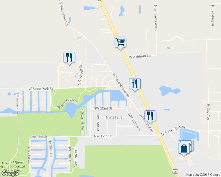 map of restaurants, bars, coffee shops, grocery stores, and more near 10770 West State Park Street in Crystal River