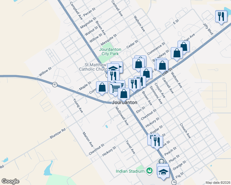 map of restaurants, bars, coffee shops, grocery stores, and more near 651 Main Street in Jourdanton