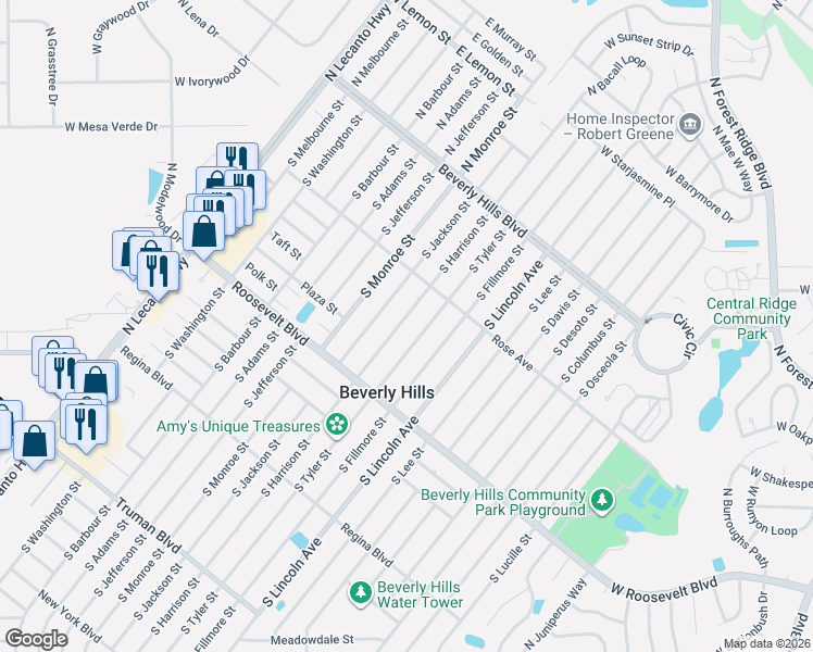 map of restaurants, bars, coffee shops, grocery stores, and more near 55 South Harrison Street in Beverly Hills