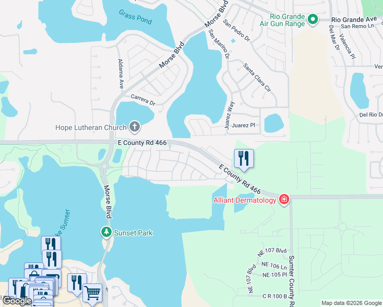 map of restaurants, bars, coffee shops, grocery stores, and more near 520 Cammarano Place in The Villages