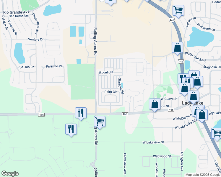 map of restaurants, bars, coffee shops, grocery stores, and more near Savanna Lane in Lady Lake