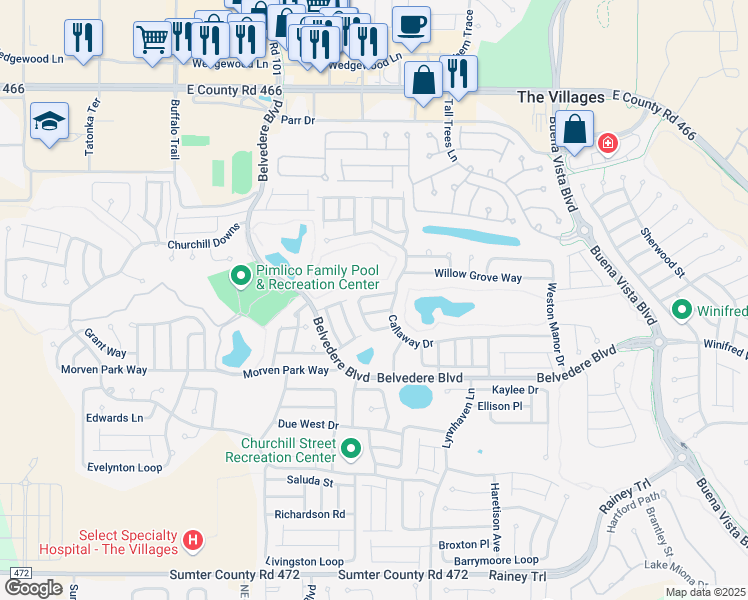 map of restaurants, bars, coffee shops, grocery stores, and more near 2422 Ambler Circle in The Villages