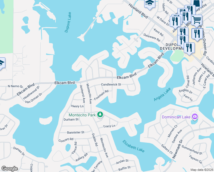 map of restaurants, bars, coffee shops, grocery stores, and more near 2421 Candlewick Street in Deltona