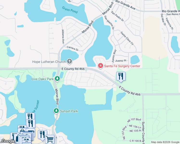 map of restaurants, bars, coffee shops, grocery stores, and more near 589 Arteaga Way in The Villages