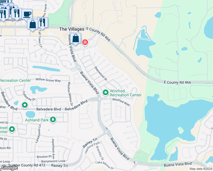 map of restaurants, bars, coffee shops, grocery stores, and more near 1876 Caryle Lane in The Villages