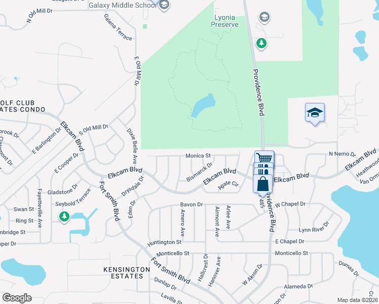 map of restaurants, bars, coffee shops, grocery stores, and more near 1618 Monica Street in Deltona