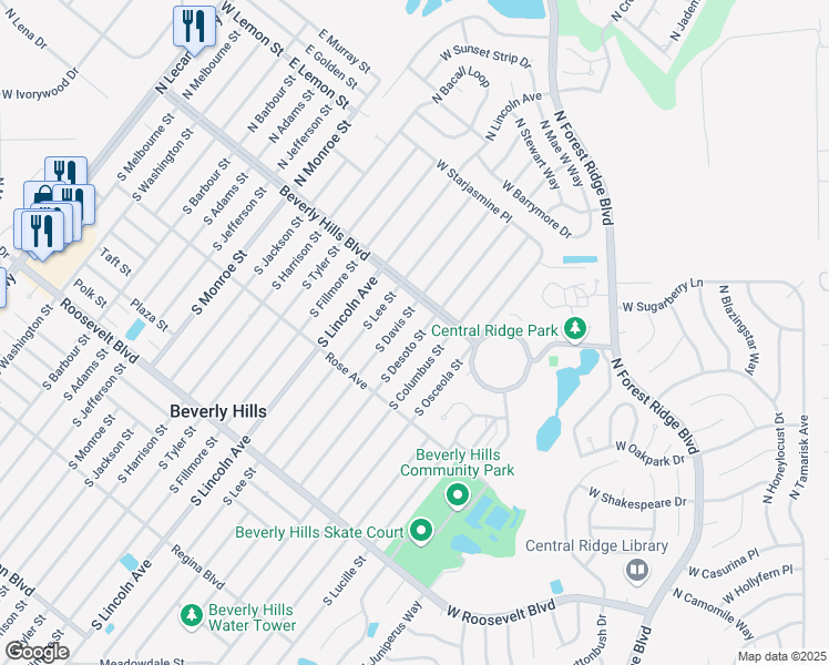 map of restaurants, bars, coffee shops, grocery stores, and more near 10 South Desoto Street in Beverly Hills