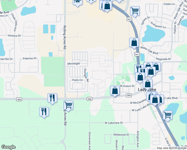 map of restaurants, bars, coffee shops, grocery stores, and more near 423 County Road 466 in Lady Lake