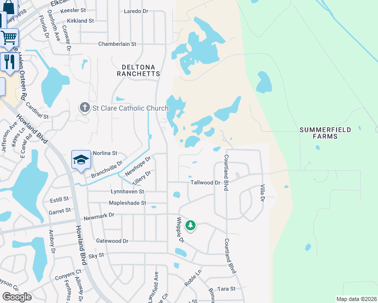map of restaurants, bars, coffee shops, grocery stores, and more near 1914 Bayport Drive in Deltona