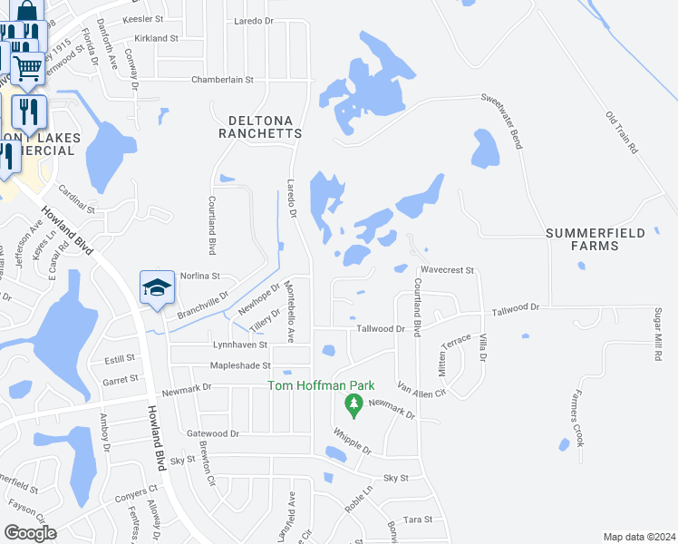 map of restaurants, bars, coffee shops, grocery stores, and more near 1910 Bayport Drive in Deltona