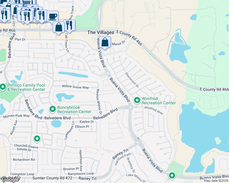 map of restaurants, bars, coffee shops, grocery stores, and more near 1966 Anniston Drive in The Villages